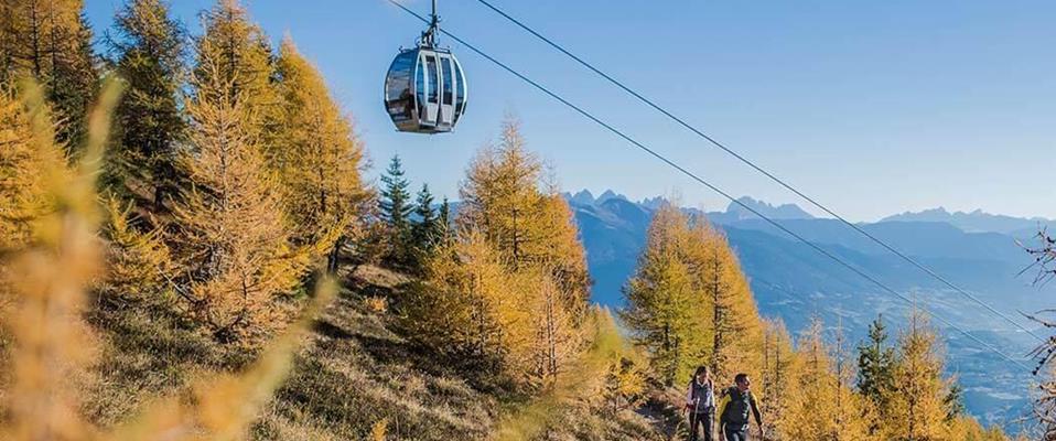 Two hikers walk through golden larch forests as a modern cable car glides above them.