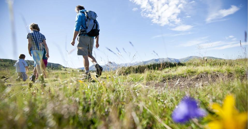 Eine Familie beim Wandern im Sommer