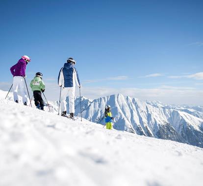 A family is enjoying the mountain view while skiing