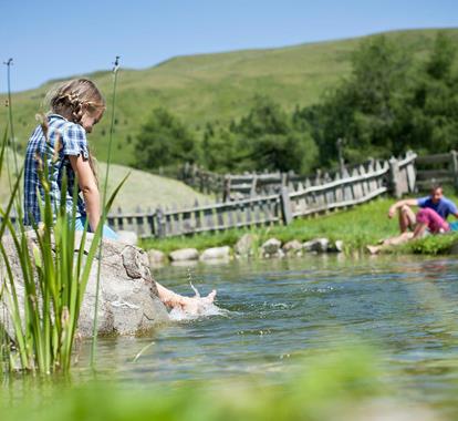 Girl plays in a creek with her feet in the water, people relax on the grass in the background.